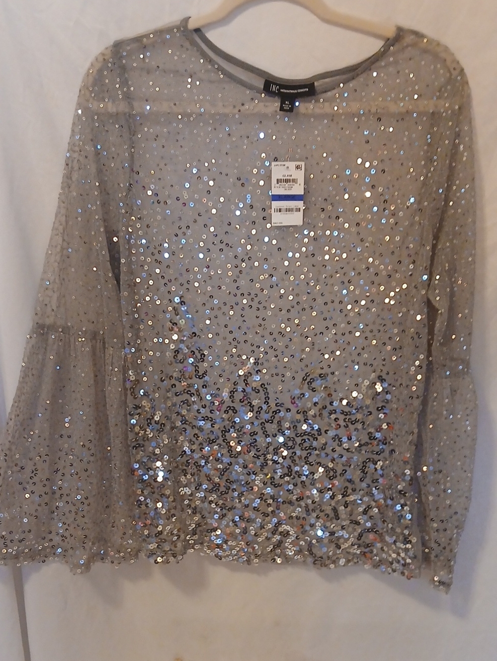 INC International Concepts Silver Sequin Bell-Sleeve Long Sleeve Top SEE VIDEO!